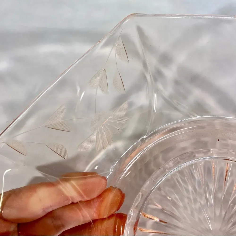 Polygon Shaped Pink Serving Plate Vintage Etched Glass Floral Pattern